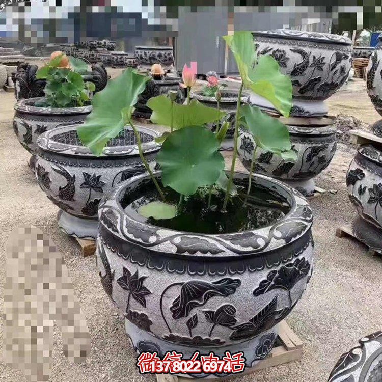 經典荷花石雕浮雕圓形水缸，裝點您的庭院